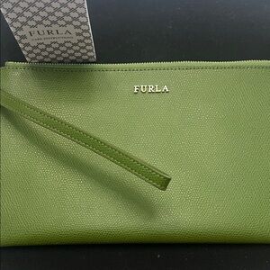 Furla Olive Green Saffiano Leather Wristlet, with care booklet